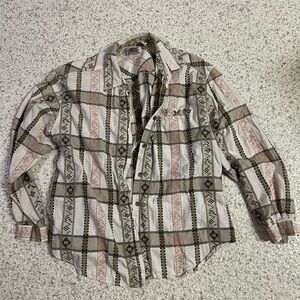 Vintage White and Green Button Down Shirt with Plaid Design